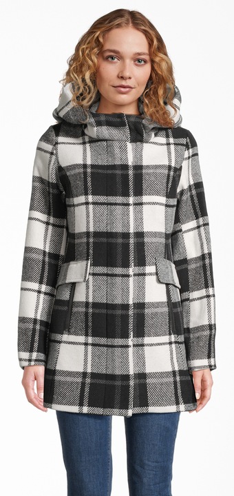 New View, Palton in carouri cu gluga, Alb/Negru, S