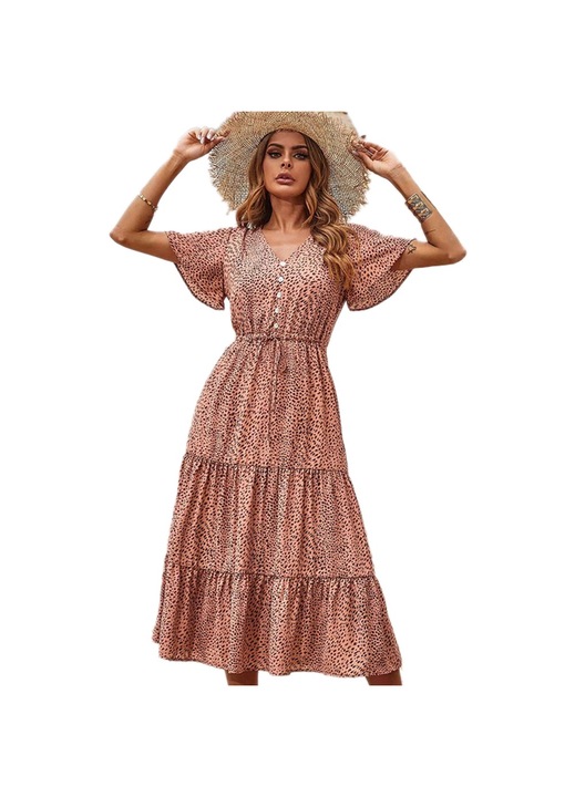 Jormftte ruha, tavaszi-nyári, V-nyakú, mintás, rózsaszín, poliészter