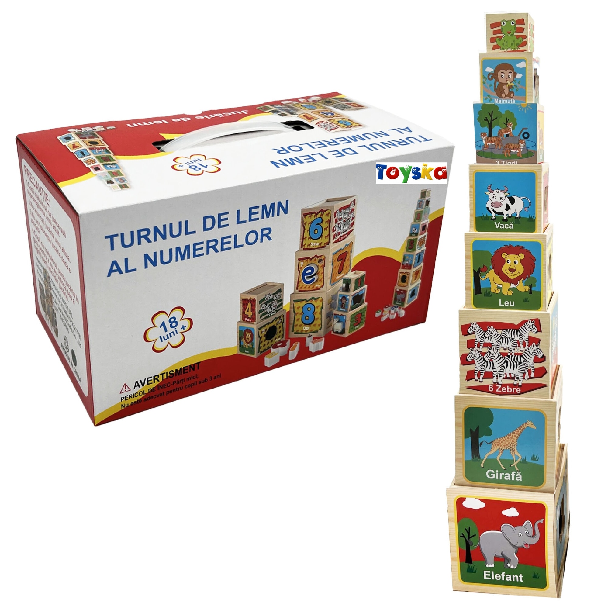 Turn Montessori in limba Romana din lemn cu 8 cuburi Cifre si Animale ...