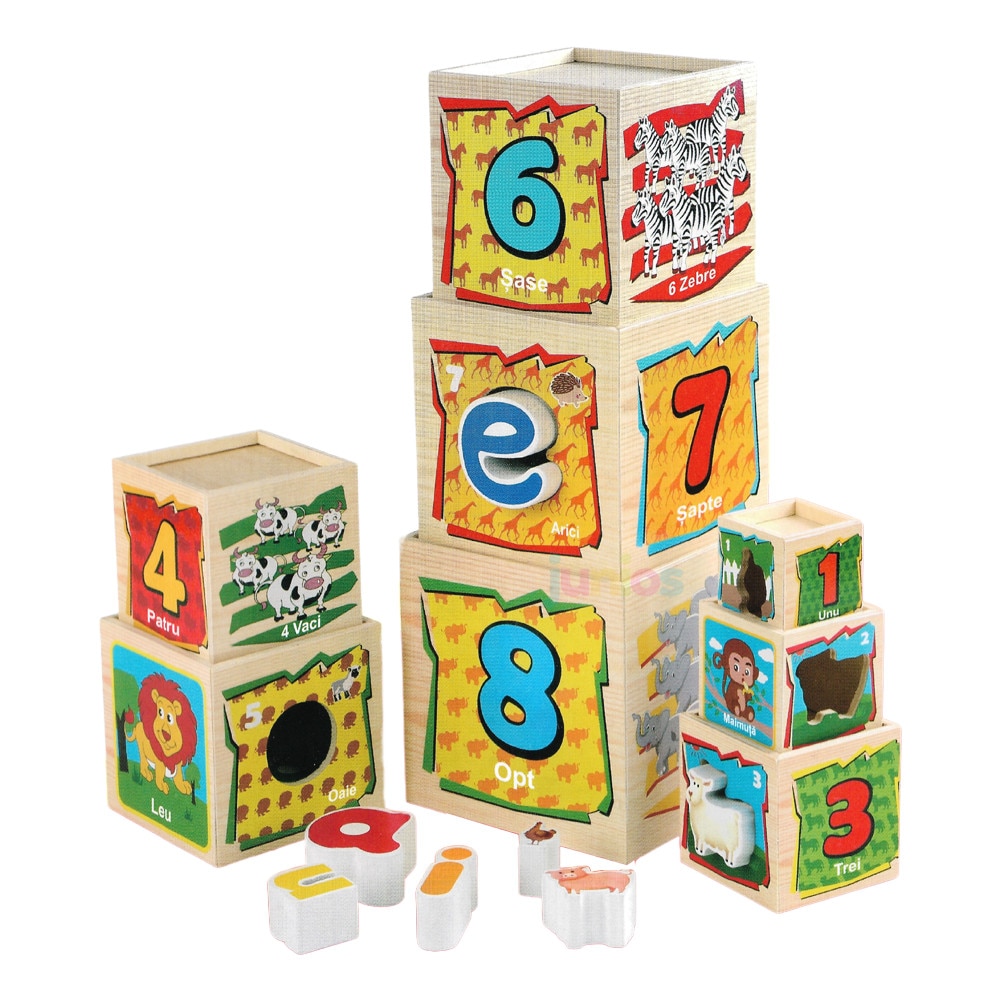 Turn Montessori in limba Romana din lemn cu 8 cuburi Cifre si Animale ...