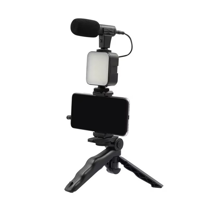 NEXTLY vlogging streaming készlet, ultra hordozható, komplett készlet, tartalmaz mikrofont, led lámpát, telefontartót, állványt, bluetooth távirányítót szelfikhez, fekete