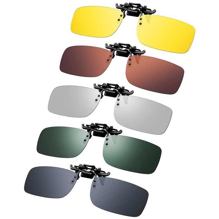 5 db csíptetős napszemüveglencse készlet, Axroad Mall, UV400 védelem, Könnyen felszerelhető és használható, Alkalmas nappali és éjszakai vezetéshez vagy egyéb szabadtéri tevékenységekhez, Polarizáló lencse, 132×60×40 mm, Többszínű