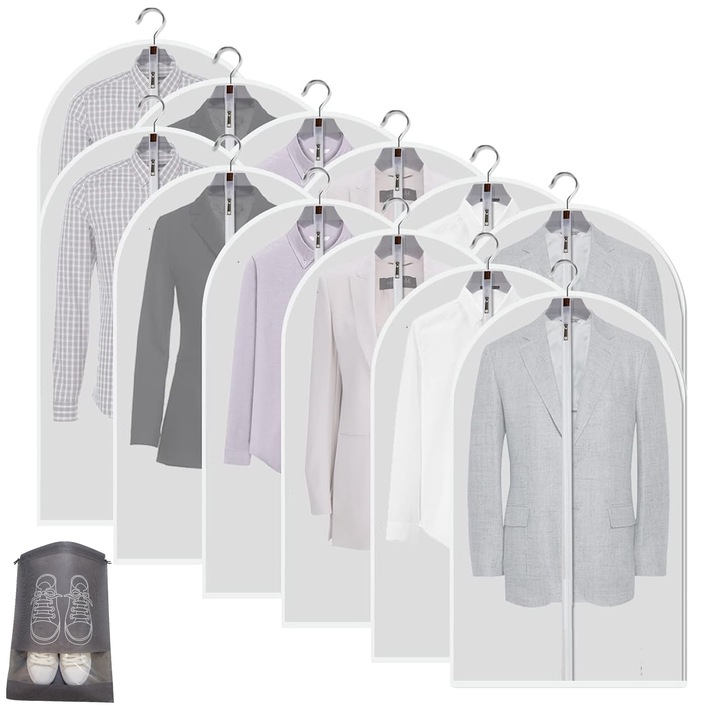 Set 10 Huse de protectie pentru haine, Cu geanta pentru depozitarea pantofilor, Axroad Mall, Respirabil rezistent la praf si rezistent la riduri, Rezistent la umezeala si mucegai, Potrivit pentru toate tipurile de haine, EVA, 60 x 140cm, Transparent