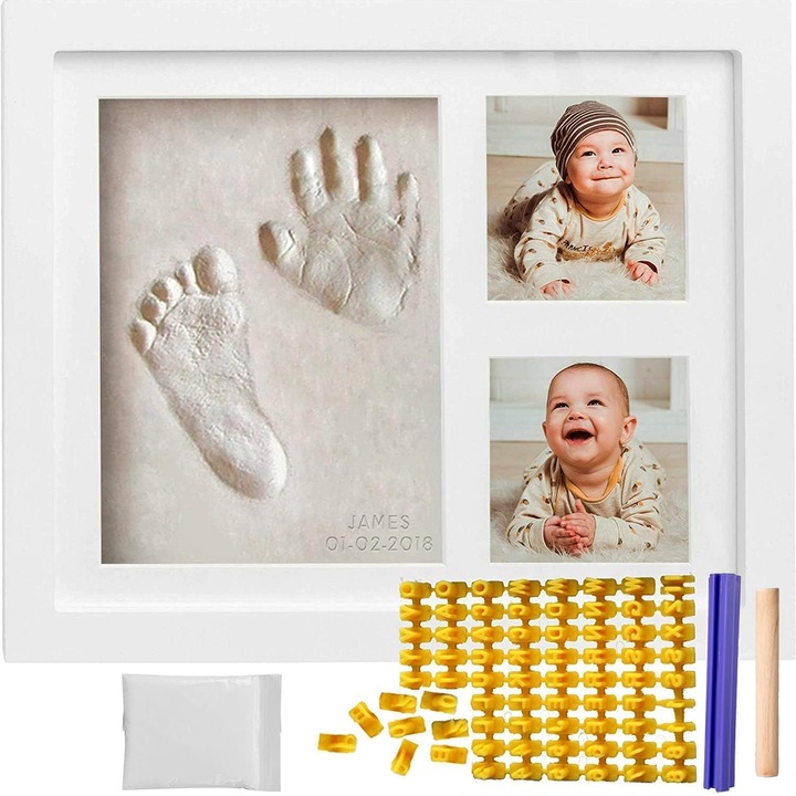 Kit amprenta mulaj manuta sau piciorus bebe si rama foto, Cu cutie de cadou, Axroad Mall, Design cadru foto alb, Cu etichete de scrisori si lut, Sigur si nepericulos, Pentru creati amintiri de neuitat, Placa de densitate, 23×28×2.8cm, Alb