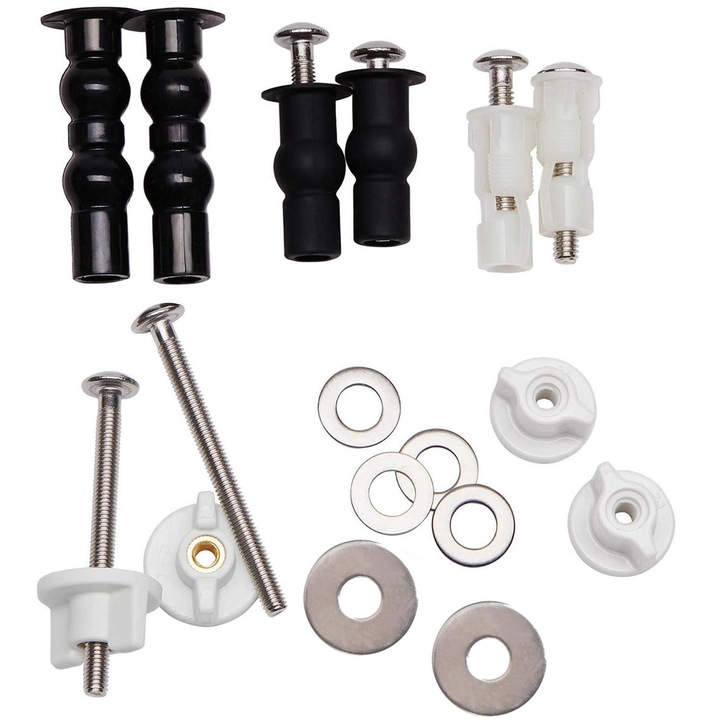 Комплект фиксиращи винтове за тоалетна чиния, С аксесоари, Axroad Mall, Лесен за инсталиране, Здрав и издръжлив, Устойчив на корозия, Устойчив на разкъсване и деформация, Гарантиращ дълготрайна работа, Неръждаема стомана, Черен/сребрист