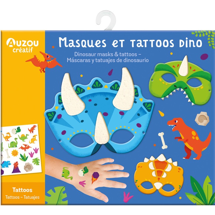 Joc creativ cu autocolante, Auzou, Dinosaur masks & tattoos, 4 ani+
