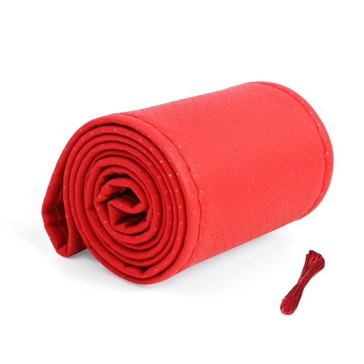 Husa volan, Piele PU, ac si ata, Rosu