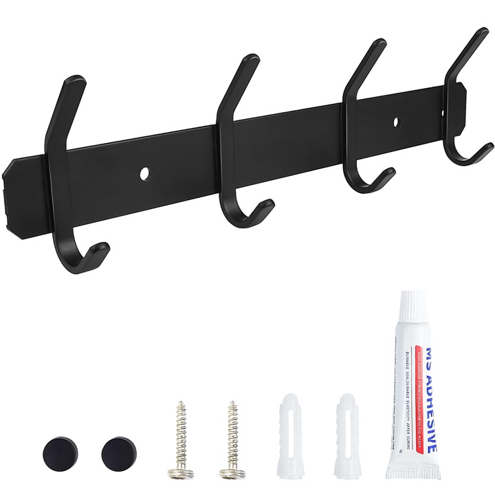 Suport Multifunctional pentru Perete, din Aluminiu, Rezistent la Rugina, cu 4 Carlige, pentru Dormitor, Hol, Baie, Bucatarie 1 Negru