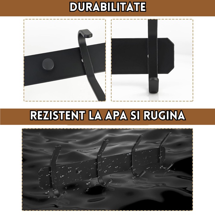 Suport Multifunctional pentru Perete, din Aluminiu, Rezistent la Rugina, cu 4 Carlige, pentru Dormitor, Hol, Baie, Bucatarie 1 Negru