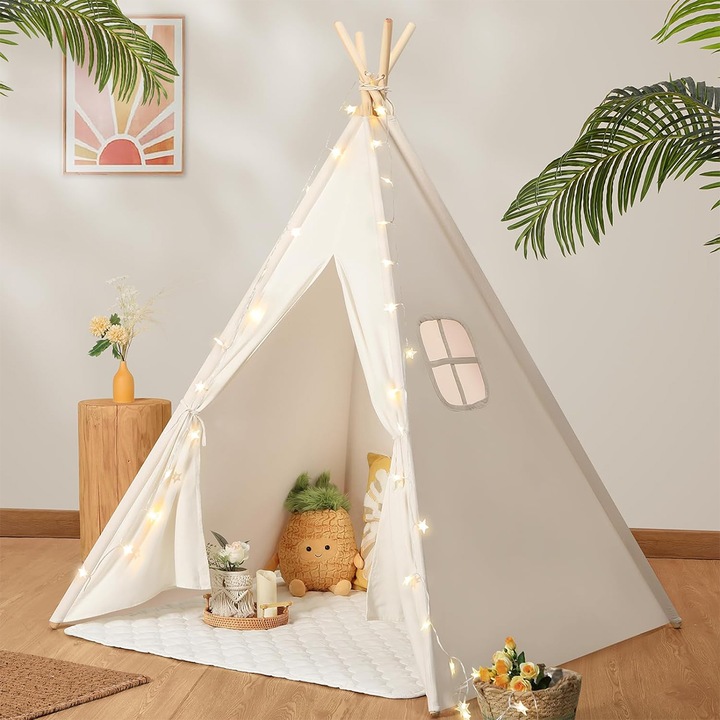 Cort copii stil indian Teepee Tent, Minetgnon®, cu fereastra, banda LED inclusa, Inaltime 140 cm, Alb