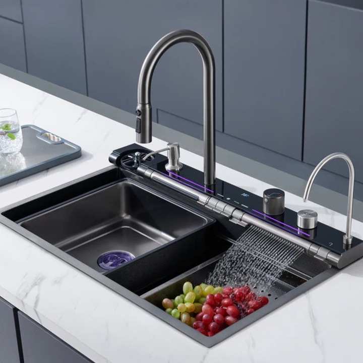 Chiuveta retractabila multifunctionala din inox 304, 750x460x220mm, BLIOTE Exclusive, dus extractabil 3 tipuri de jet apa, 4 functii incluse, butoane tip piano, apa in cascada mobila, accesorii incluse, Negru