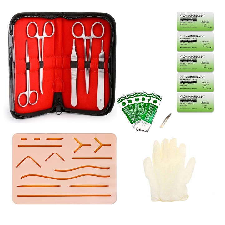 Kit pentru antrenament suturi chirurgicale, SINBINTA, Cu 19 accesorii, Grasime si muschi, Simulare de maiestrie, Reutilizabile, Usor de utilizat, Portabil, pentru profesionale la medicina, Silicon/Otel inoxidabil, Multicolor