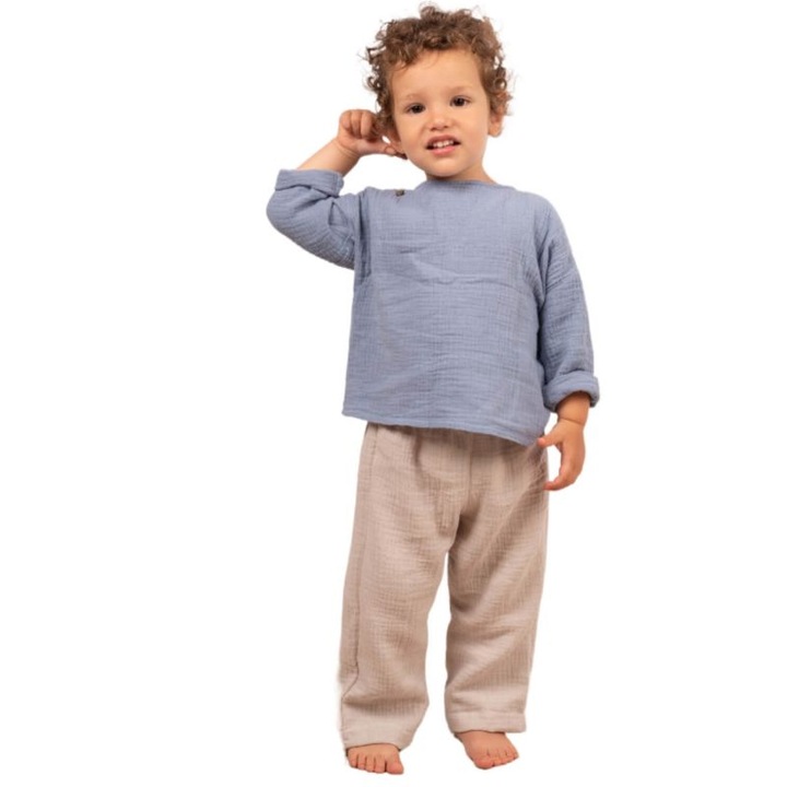 Set pantaloni lungi si bluza maneca lunga ajustabila oversized din muselina Kidizi® Skyler + Noel 1-2 ani