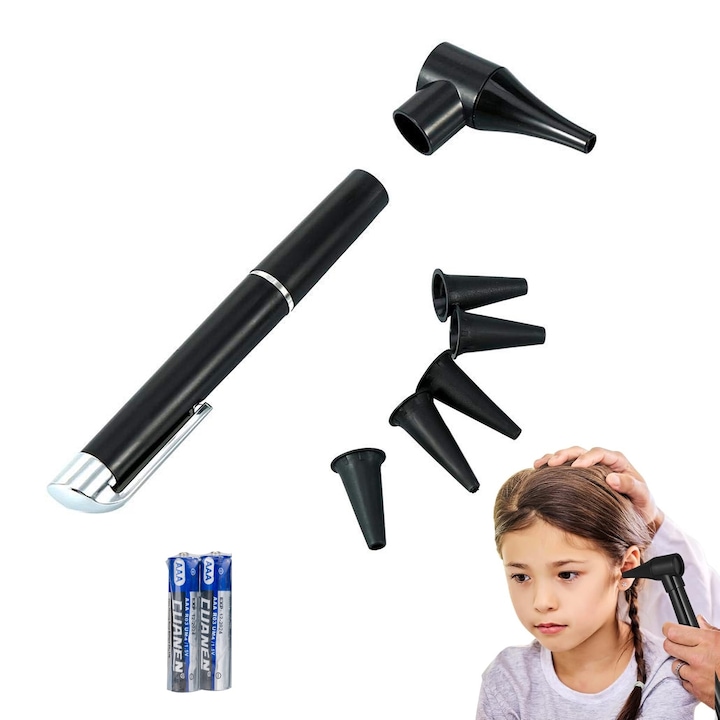 Set otoscop diagnostic, SINBINTA, CU doua baterii, 5 varfuri, Iluminare LED, 3X magnificare, Usor de utilizat, Portabil, Design ergonomic, Rezistent la uzura, Durabil, ABS, 14.5x5.5cm, Negru
