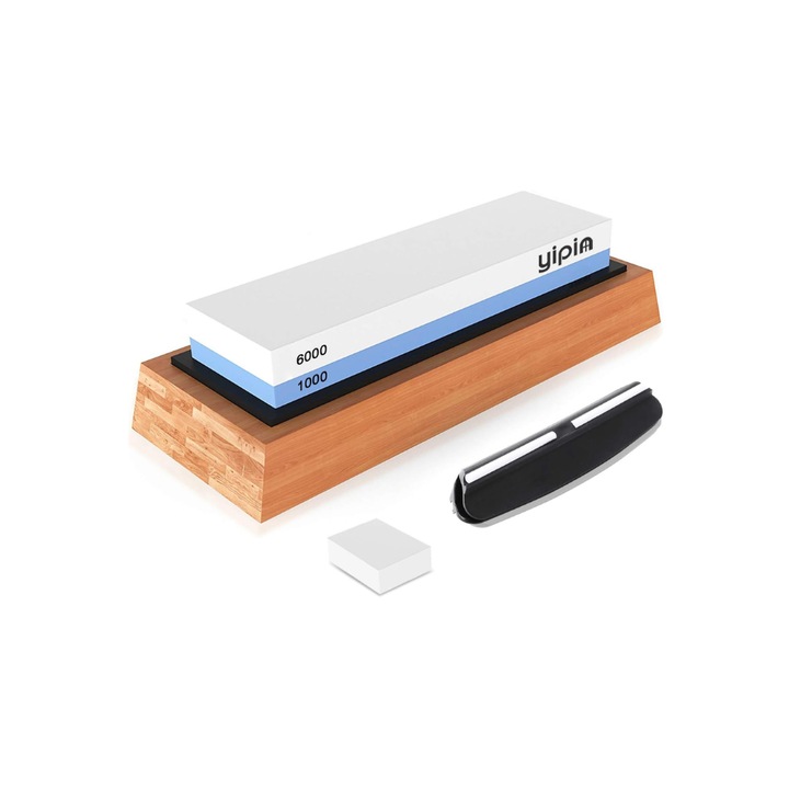 Piatra de ascutit cutite, 1000/6000, Yipin, cu suport din bambus, Alb si albastru