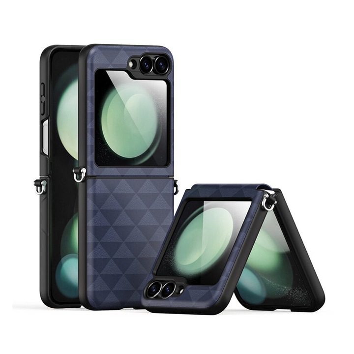 Prémium védőtok Samsung Galaxy Z Flip6 / Flip 6 telefonhoz, Ütésálló, Vékony, elegáns kialakítás, csuklópántvédelem, PU bőr, vezeték nélküli töltés, kék