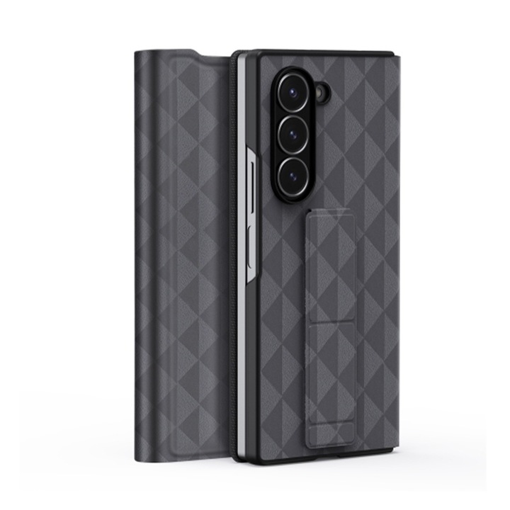 Prémium tok Samsung Galaxy Z Fold6 / Fold 6 telefonhoz, AntiShock, Vékony, sima kialakítás, Hands-free állvány, Mágneses zárás támogatás, Zsanérvédelem, PU bőr, Vezeték nélküli töltés, Kártyatartó zseb, Szürke