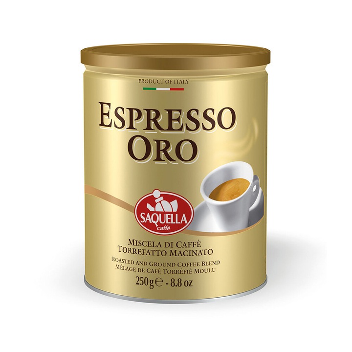 Cafea macinata Saquella Caffe, Espresso Oro, cutie 250 g, gust intens, note de ciocolata neagra, prajire medie, intensitate 4/5, potrivita pentru toate metodele de preparare