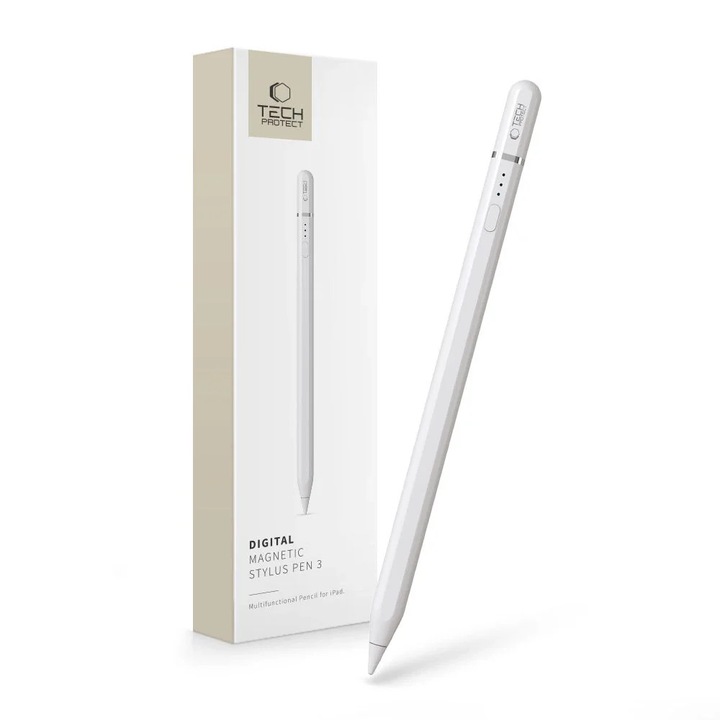 Stylus Pen Tech-Protect Digital Magnetic V3 compatibil cu tablete Apple iPad, LED, Cablu USB-C 30cm inclus, Alb