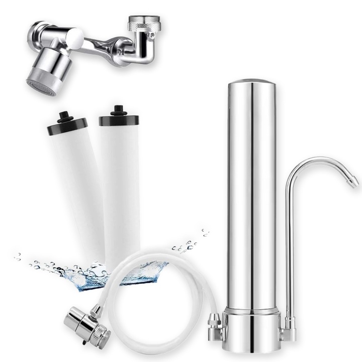 Filtru de Apa Potabila Amazinco™, Carcasa Otel Inoxidabil, Putere Filtrare 8000 litri, Extensie Reglabila pentru Robinet, Adaptor pentru Montaj si 2 x Cartuse Ceramice cu Carbune Activ incluse