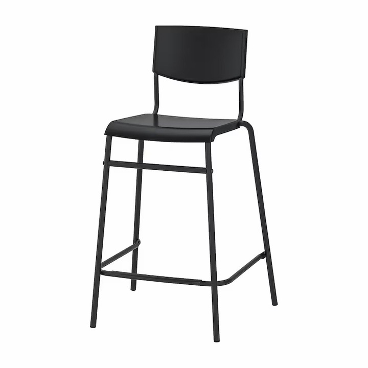 Scaun inalt cu spatar, 90x54x63 cm, stivuibil, suport picioare, din otel cu strat anticoroziv, design modern, negru