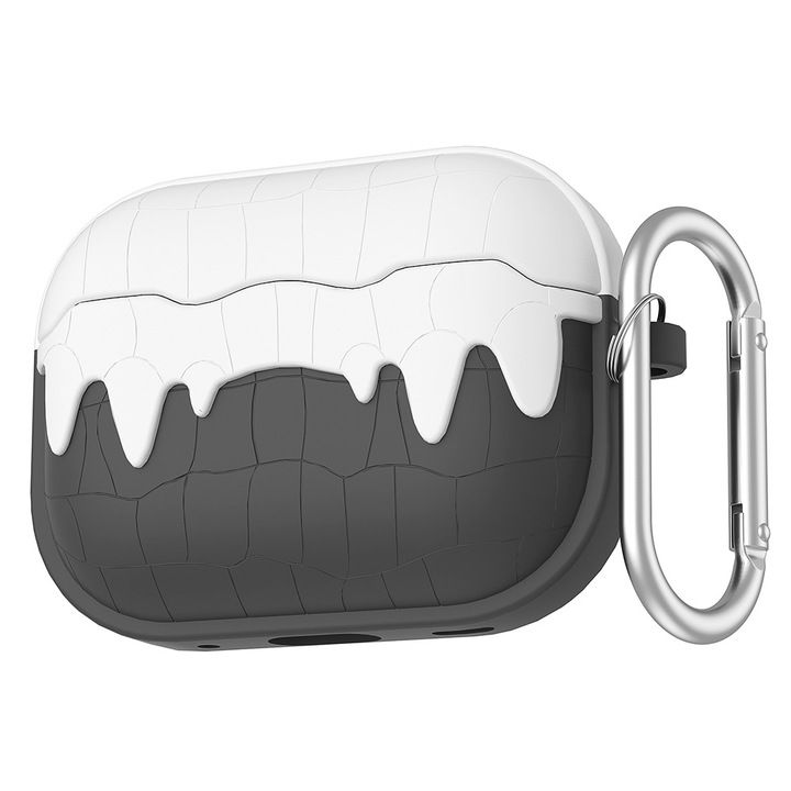 Husa Silicon Protectie pentru AirPods Pro 2nd Generation, JESWO®, din Silicon Moale, cu Breloc Carabina, Incarcare Wireless, Negru/Alb