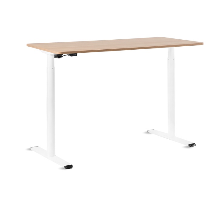 Birou reglabil pe inaltime electric Otis, cadru otel alb, blat lemn culoare stejar, 1200/60cm, sistem anticoliziune