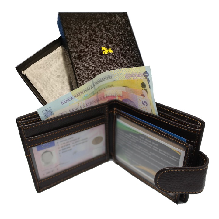 Портфейл от естествена кожа Lucmark, 11,2 x 1,6 x 9,2 см, цвят кафе, с щипка за затваряне - RFID защита, идеален подарък за мъже
