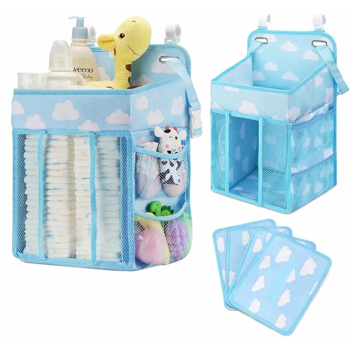 Organizator pentru patut, Tecos®, scutece, accesorii si alte lucruri necesare cresterii copilului, 43x28x20cm, posibilitate de agatare de pat, albastru