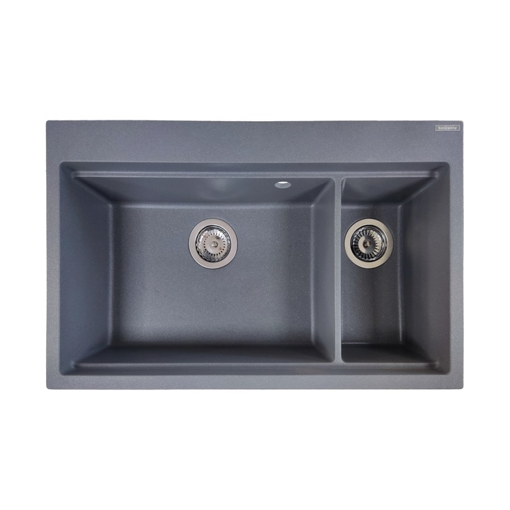 Chiuveta de bucatarie din granit cu doua cuve 76 x 48 cm, adancime cuva 21 cm, SanDonna Magdalena gri