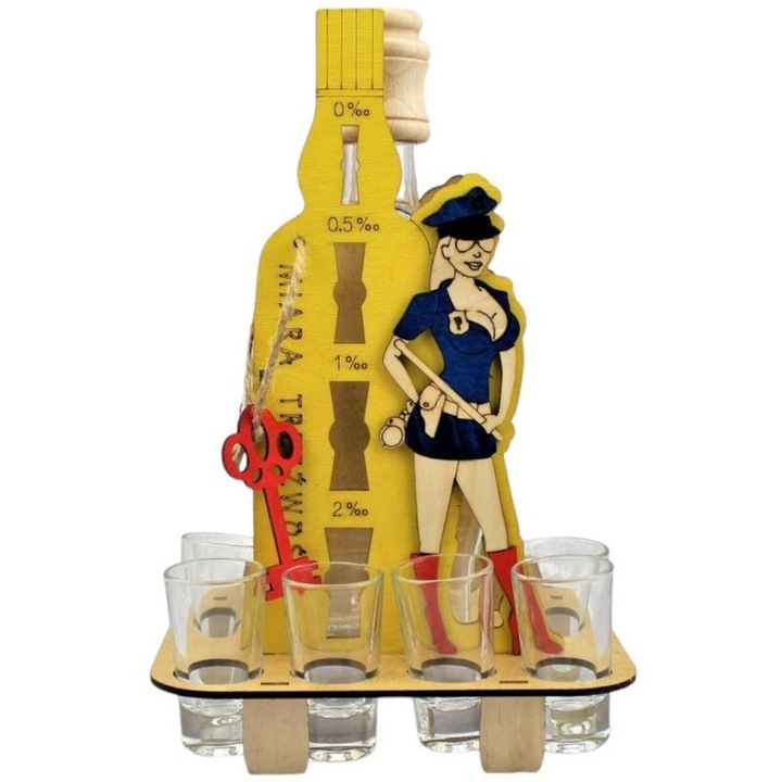 Vodka Dekanter 0,5l, Anapol, 6 pohárral, Fa, Sárga/átlátszó