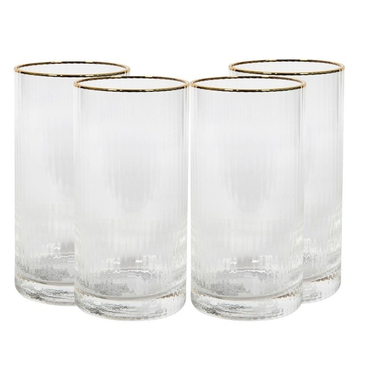4 db-os Long Drink pohár készlet, MPLCo, pörkölt nátrium üveg, átlátszó, arany csíkkal