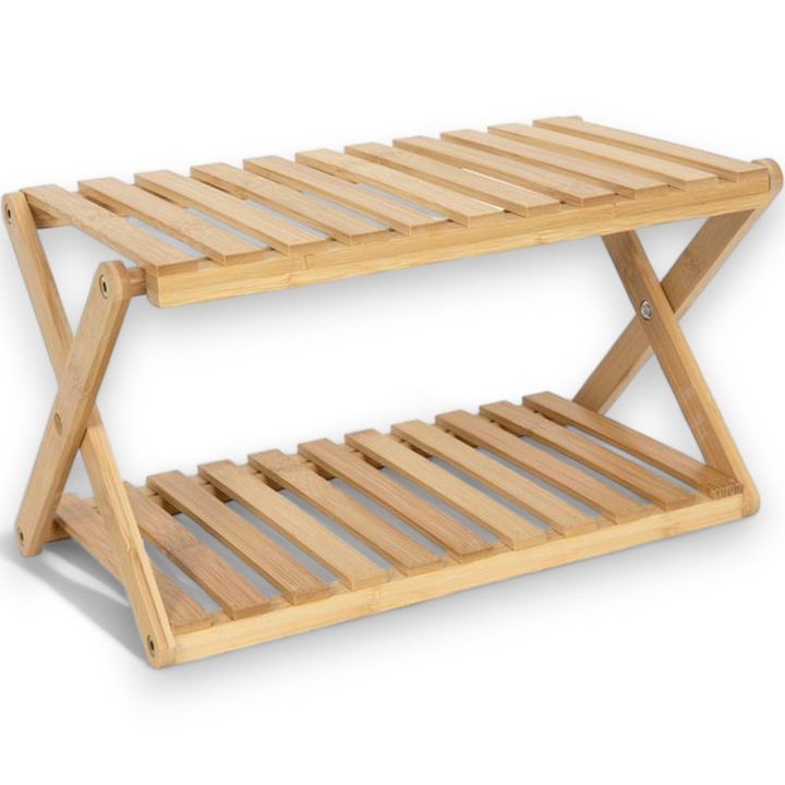 Tárolópolc konyhába/fürdőszobába, MPLCo, bambusz, 2 szint, összecsukható, bézs