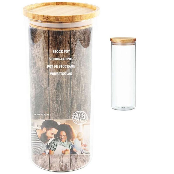 Élelmiszertartó, MPLCo, boroszilikát üveg, bambusz fedél, bézs/átlátszó