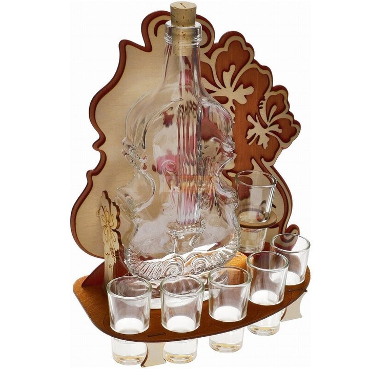 6 db Anapol Cello pohár és kancsó készlet, 0,5l, üveg, fa állvány, barna