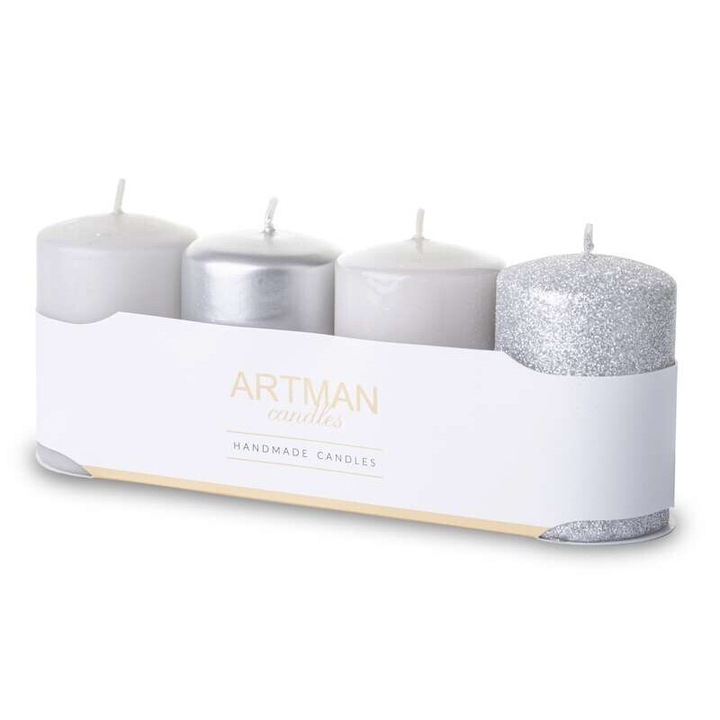 Комплект от 4 свещи Арт-Пол, парафин, сребрист, 9х6х6см