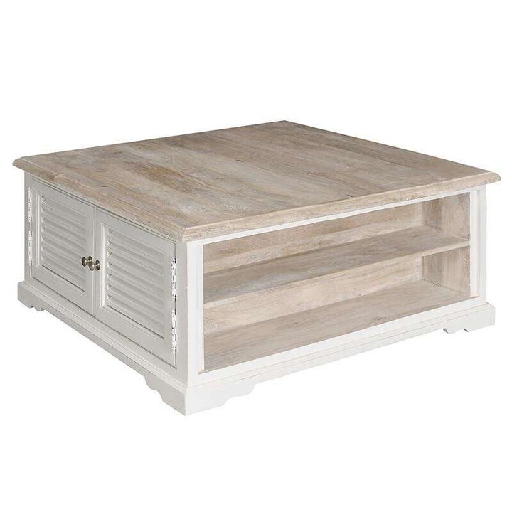 Холна маса Belldeco Bristol, антично бяло и естествено дърво, MDF, 100x100x45см