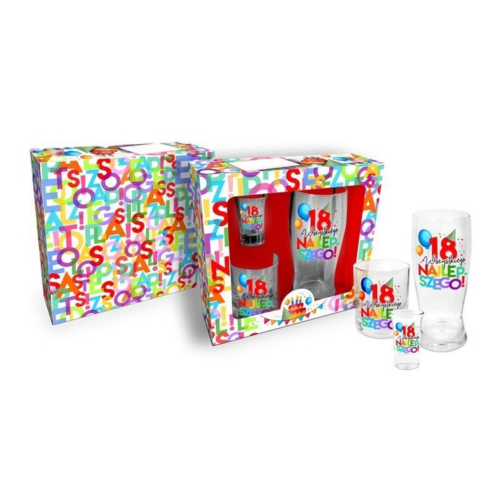 BGtech ajándékkészlet, söröspohár 500 ml, whiskys pohár 250 ml, shot 30 ml, 18 éves évfordulóra