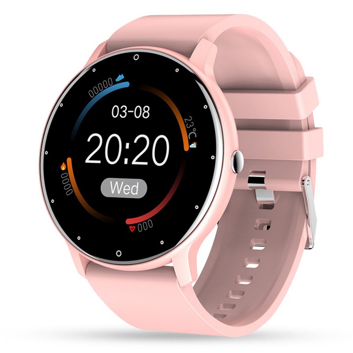 BIRAI okosóra és fitnesz karkötő, Android és IOS, TFT Full Touch 1,28 hüvelykes, vékony, hívások, mikrofon, hangszóró, értesítések / SMS-ek / közösségi média, fizikai aktivitás figyelése, alvás, pulzusszám, lépésszámláló, zene, vízálló, rózsaszín