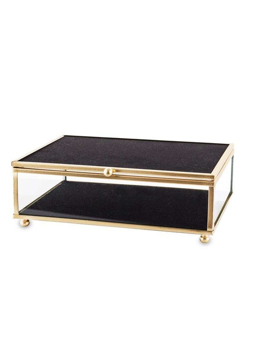 Ékszerdoboz, Art-Pol, fém/üveg/bársony, fekete/arany, 6x18x14cm