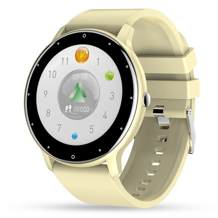 BIRAI okosóra és fitnesz karkötő, Android és IOS, TFT Full Touch 1,28 hüvelykes, vékony, hívások, mikrofon, hangszóró, értesítések / SMS-ek / közösségi média, fizikai aktivitás figyelése, alvás, pulzusszám, lépésszámláló, zene, vízálló, krém