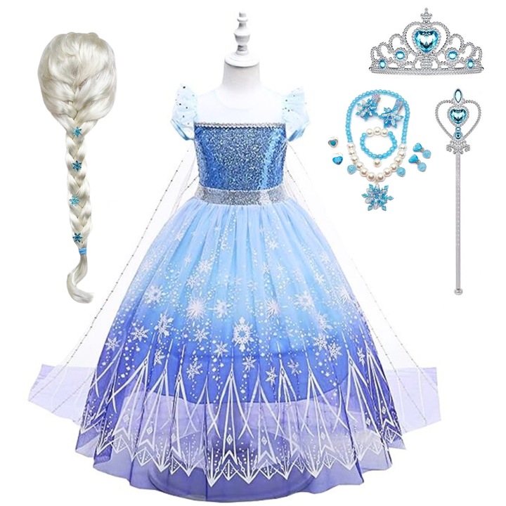 Рокля Elsa Frozen 2 за момичета, комплект с перука, бижута и аксесоари, EvrikaUnity®, Снежна кралица, премиум материя, 6-7 години, 140 см, лилаво
