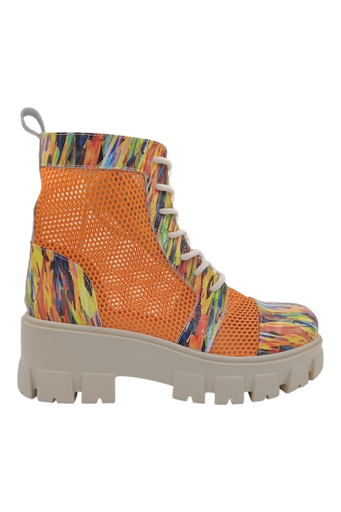 Ghete dama casual, piele naturala, plasa portocaliu, talpa usoara, crampoane mari, picturi colorate