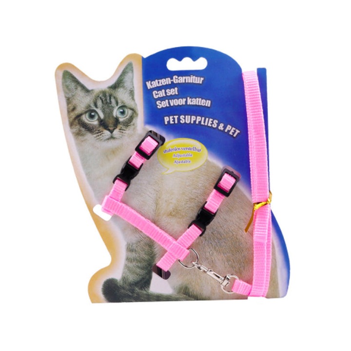 Нагръдник с повод за котки 120*1.0см, розов