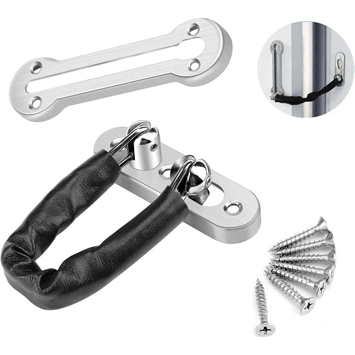 Ajtózár lánccal, KkvoGmle, rozsdamentes acél, 16 cm, ezüst