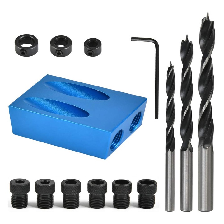 Комплект от 14 инструмента за пробиване в дърво, KkvoGmle, шаблон за дупки под ъгъл 15°, адаптер 6/8/10mm, син/черен