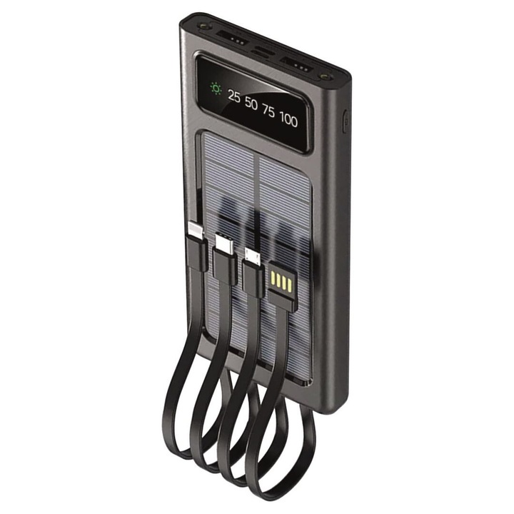 Powerbank solar, 2GO, 10000 mAh, conectivitate USB, negru