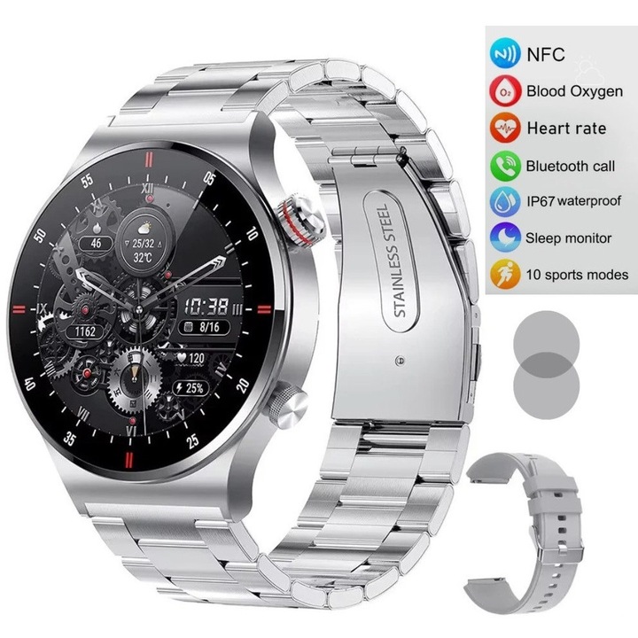 Ceas smartwatch barbati QW33™, 1.28-inch IPS screen, 240*240, casual, Incarcare wireless, Rezistent la apa IP 67, Apelare Bluetooth, Social Media, Monitorizare Activitati Fizice, Ritm Cardiac/Somn/SpO2, Curea metalica si Curea silicon