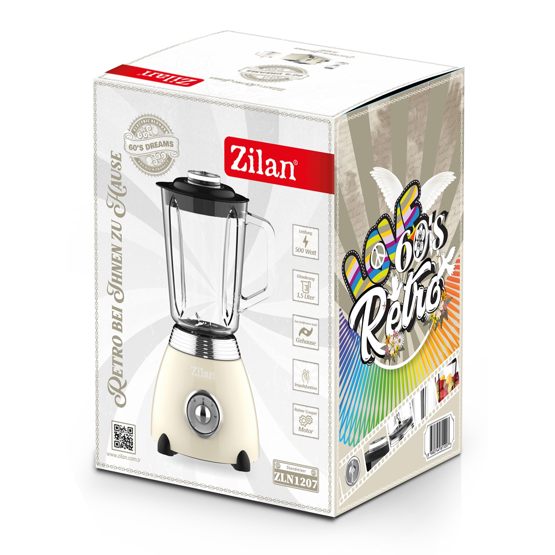 Blender Retro Zilan ZLN1207, putere 500W, capacitate 1.5L, 2