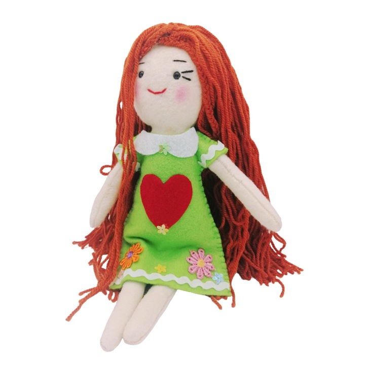 Papusa cu par lung roscat, cu rochie verde, din fetru